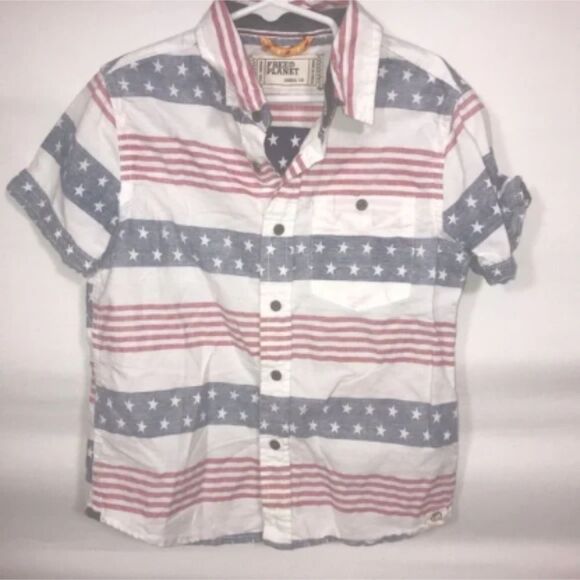 Kid's Free Planet Red White & Blue Short Sleeve Button Down Shirt - Picture 2 of 6